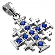 Blue Sapphire CZ Jerusalem Cross Silver Pendant, p452